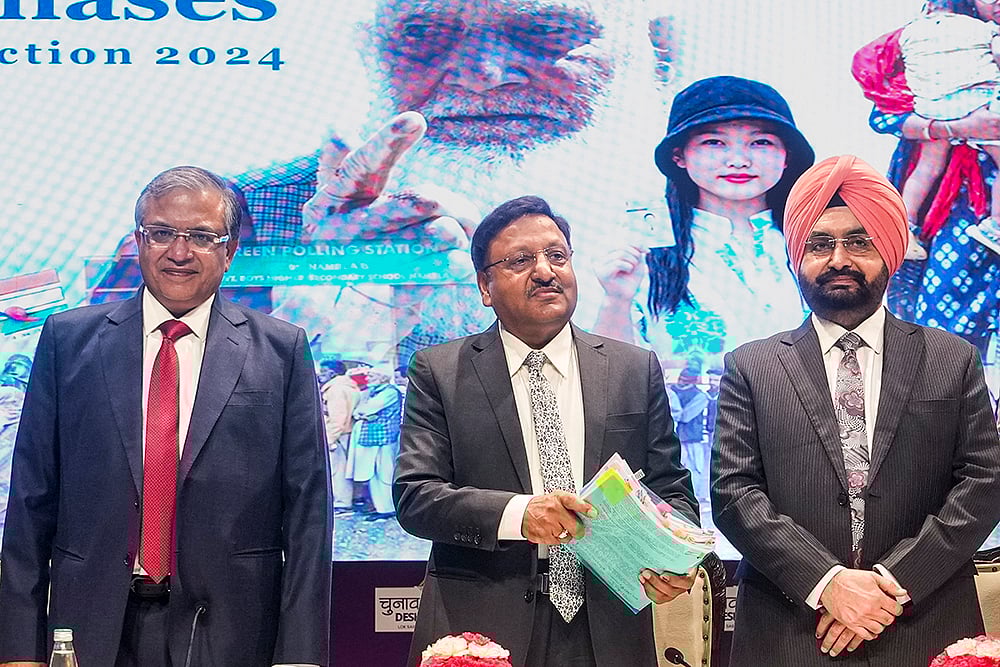 PTI/File : CEC Rajiv Kumar with Election Commissioners Gyanesh Kumar and SS Sandhu 
